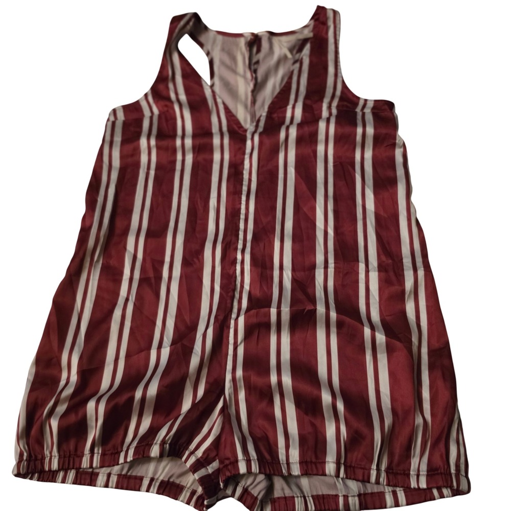 Anthropologie Women Burgundy Cream Striped Racerback Romper Small Sleeveless